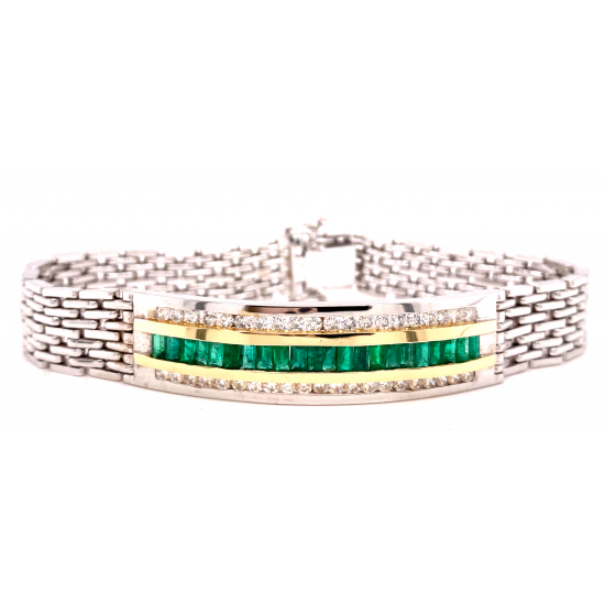 THREE ROW MENS EMERALD & DIAMOND ID BRACELET