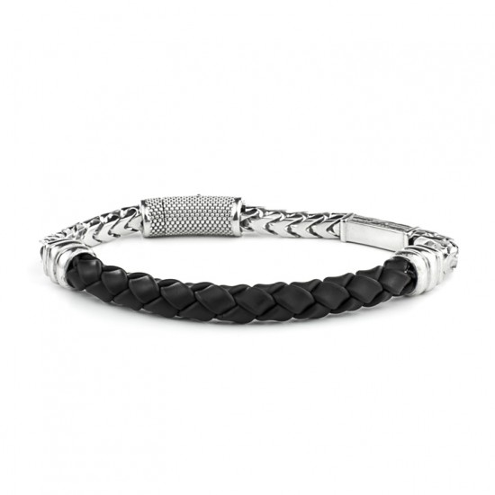 925 Rhodium Silver and Braided Black Rubber Bracelet