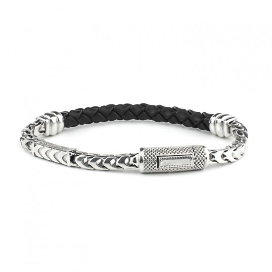 925 Rhodium Silver and Braided Black Rubber Bracelet